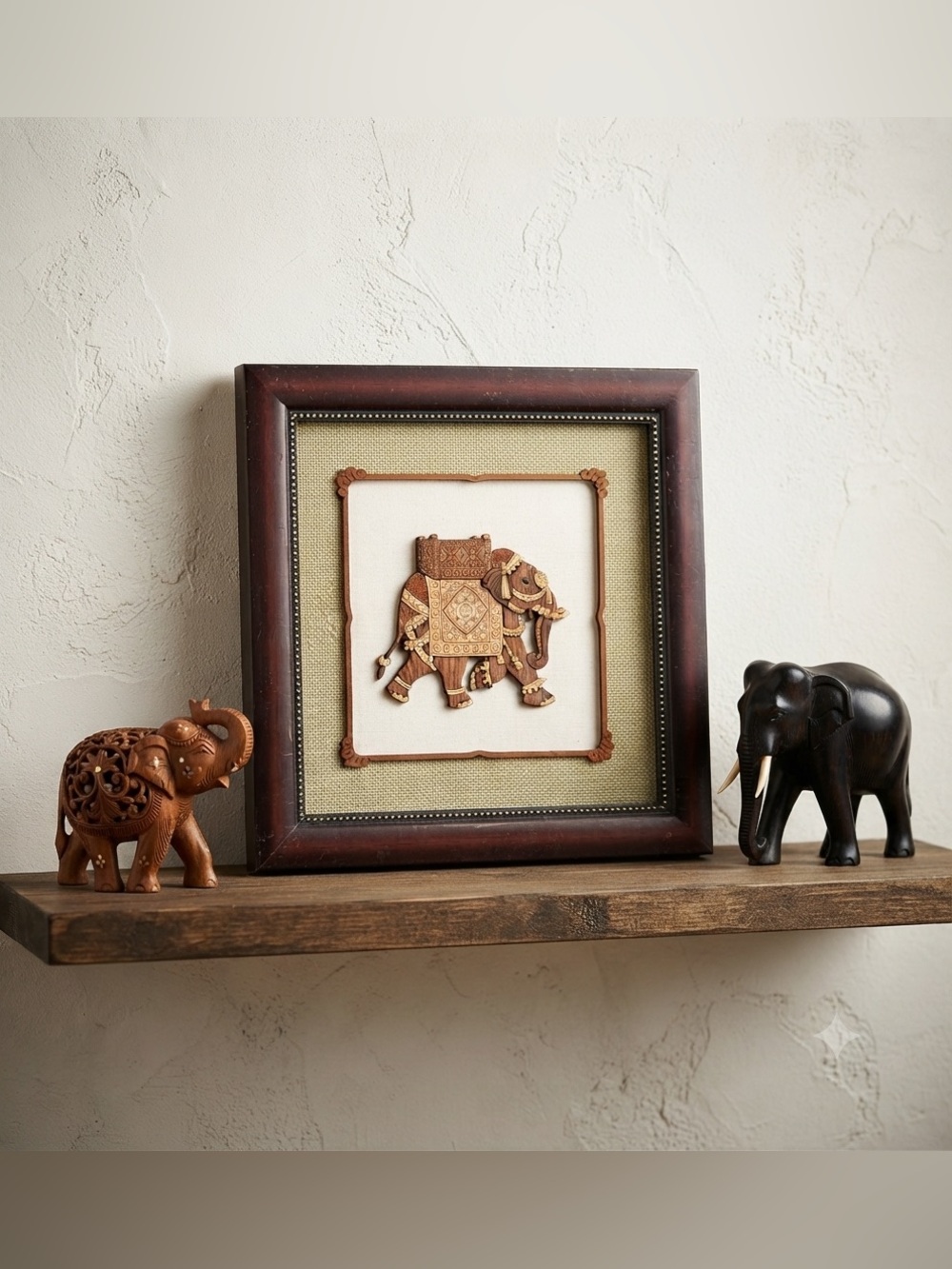 Elephant Nature Decor Art Handmade Wood Carving Indian Folk Marquetry Handicraft